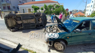 Τροχαίο-με-ανατροπή-αυτοκινήτου-στα-διακστήρια-στα-Χανιά,-δείτε-φωτογραφίες